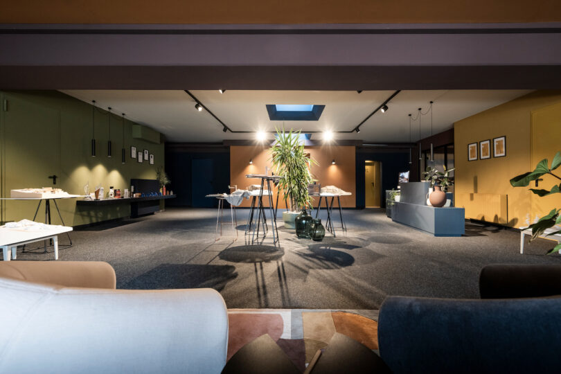Modern exhibition space with display tables, potted plants, and ambient NOA lighting.