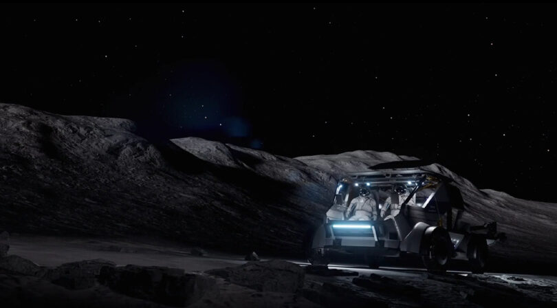 Two astronauts in the Artemis 5 Lunar Terrain Vehicle exploring the surface of the moon at night, with stars visible in the sky above rugged terrain.