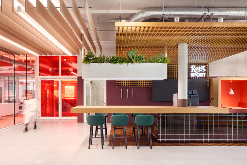 Modern office break area with a communal table, vibrant colors, and greenery.